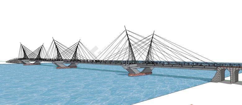 海面全景大型斜拉桥su模型-图一