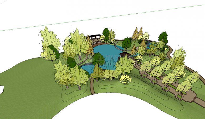 大型带水池庭院花园su模型 -图二