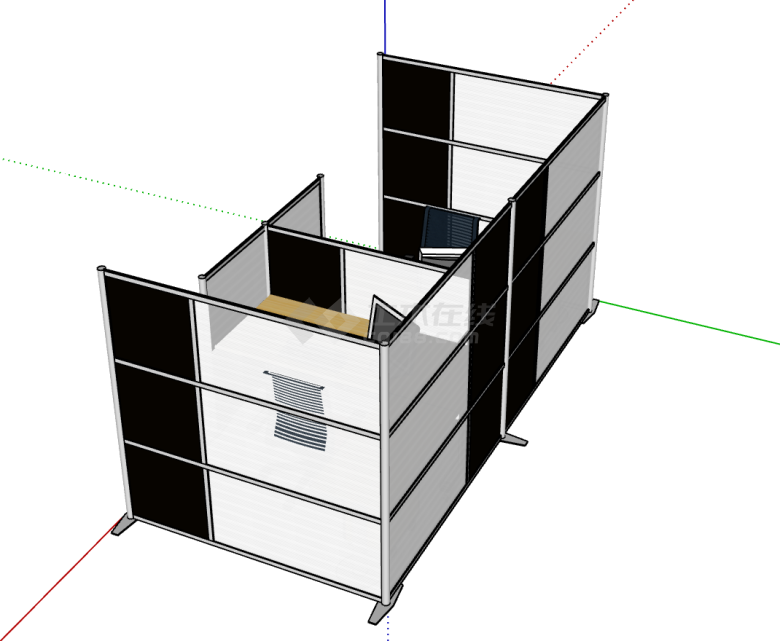 双人型带隔断黑白色办公su模型-图一