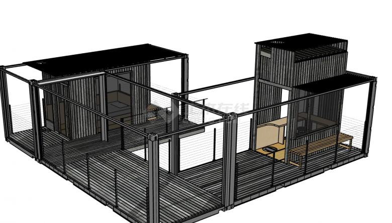 透明式钢结构集装箱改造民宿餐厅su模型-图二