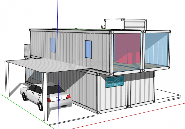 简易带车棚两层集装箱改造住宅su模型-图二