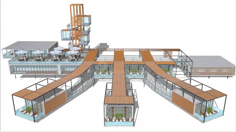 连廊造型的工业风集装箱改造现代民宿餐厅su模型-图一