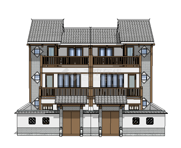 大面积三层自建中式别墅su模型-图二