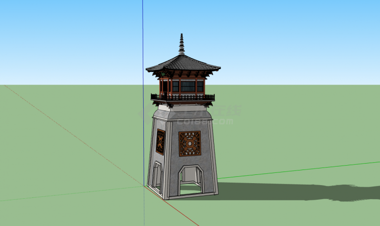 中式底部镂空尖顶塔楼su模型-图二