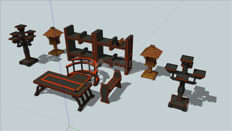 中式木制书写桌椅家具su模型-图二