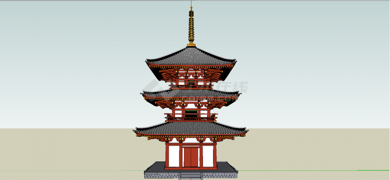 中式青瓦高顶三层塔su模型-图二