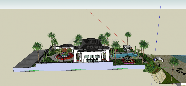 地中海带花坛游池一层大别墅设计su模型-图一