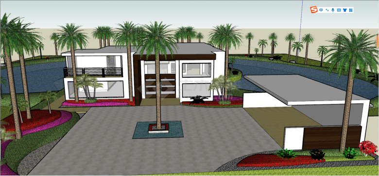 带水池带绿化的水中平单层别墅su模型-图二
