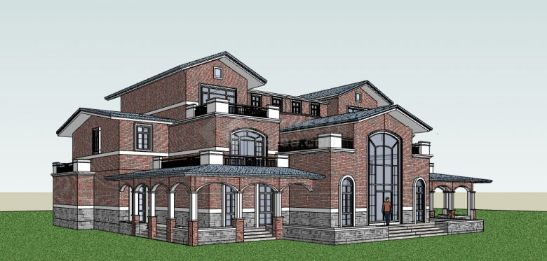 红墙豪华大别墅风格su模型-图一
