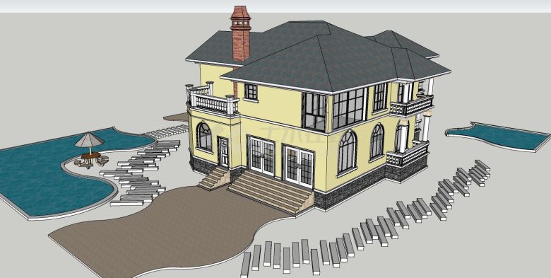 二层坡屋顶带庭院水池烟囱别墅设计su模型-图二