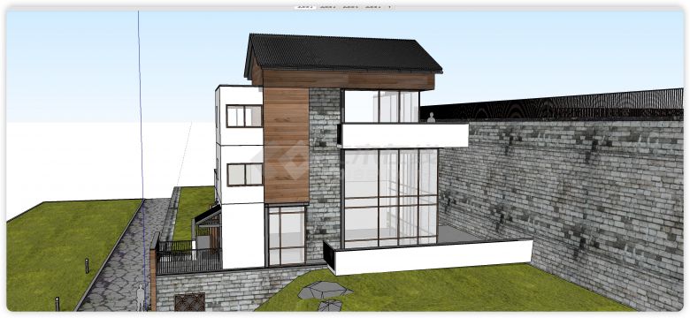 新中式木饰面石材配饰别墅su模型-图二