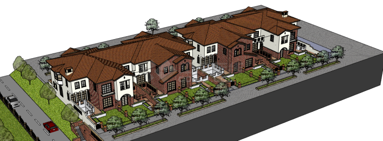 红顶西班牙风格联排su模型-图一