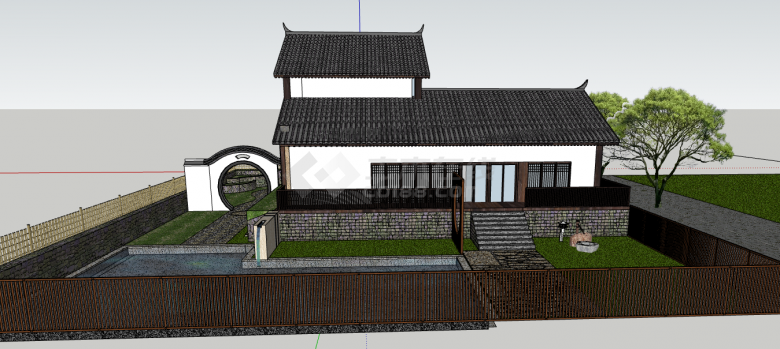 中式水庭院房屋建筑su模型-图一