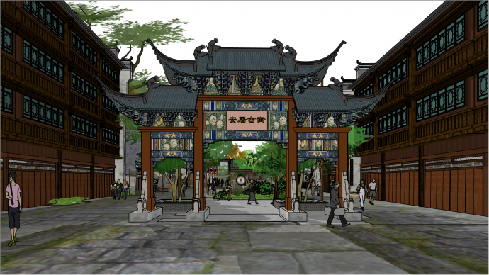 中式经典景区街道古镇建筑su模型_图1