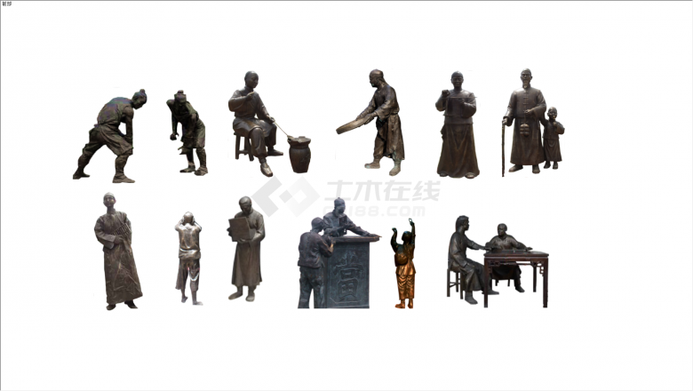 商业街复古多人铜人雕塑su模型-图二