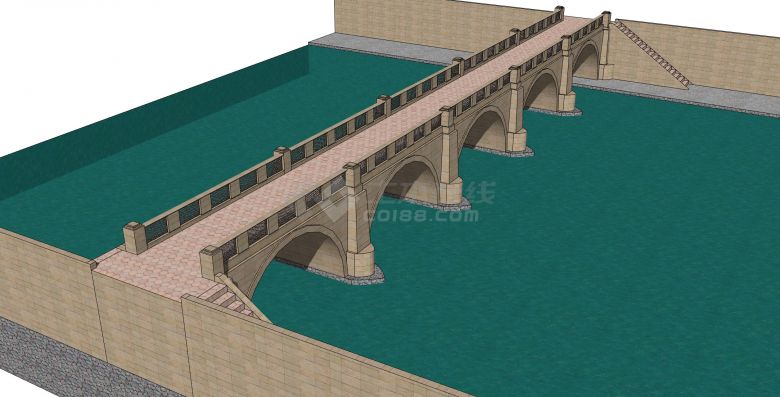 五孔多边形地砖桥面石拱桥su模型-图一