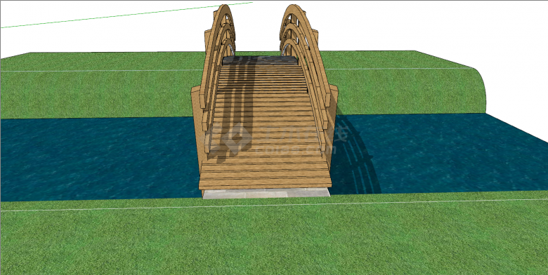 河流从草坪木制拱桥su模型-图二