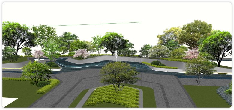 喷水绿化带现代水景树池su模型-图二