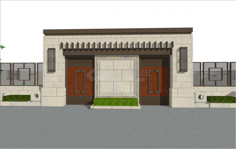创意新中式庭院大门围墙SU模型-图二