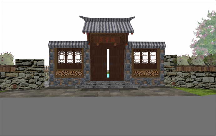 精美石砌中式庭院大门围墙SU模型_图1