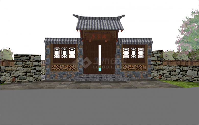  SU model of fine stone Chinese courtyard gate enclosure - Figure 1