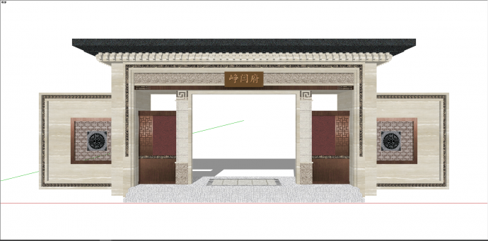 新中式米白色带图纹围墙入口su模型_图1