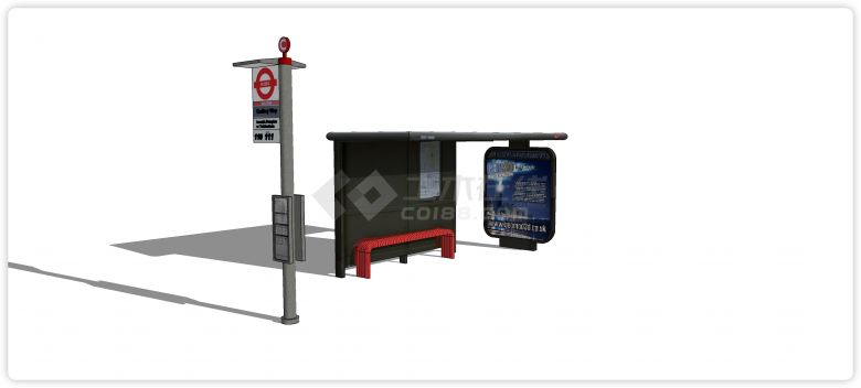 黑色站台红色凳子现代公交车站su模型-图二