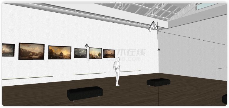 白色空间木地板书画展厅su模型-图二