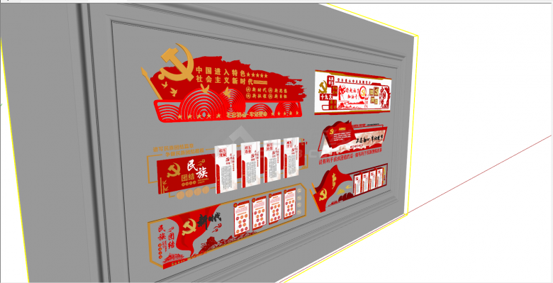 现代红色主题文化广场文化墙su模型-图二