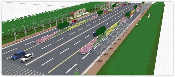 粉红色黄色道路公路绿化带su模型_图1