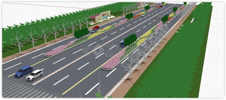 粉红色黄色道路公路绿化带su模型-图一