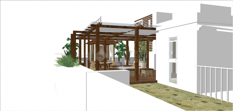 现代多绿植带木制地板的屋顶花园su模型-图一