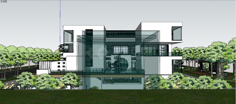 现代欧式三层玻璃幕墙式豪华别墅建筑设计su模型-图一
