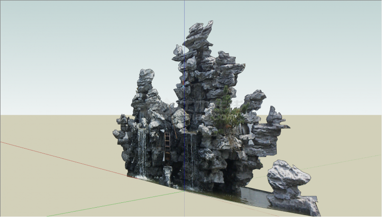 小瀑布假山石组件景观小品SU模型-图二