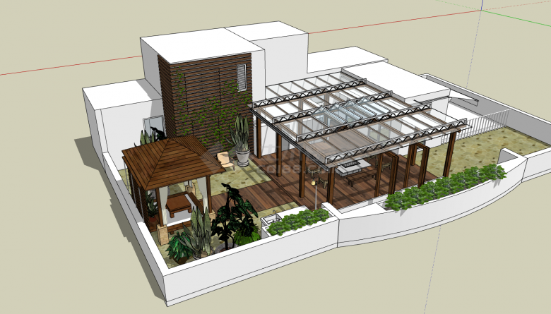 白色中式屋顶庭院园林景观SU模型-图一