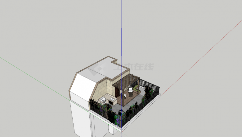 现代屋顶花园木廊架景观SU模型-图二