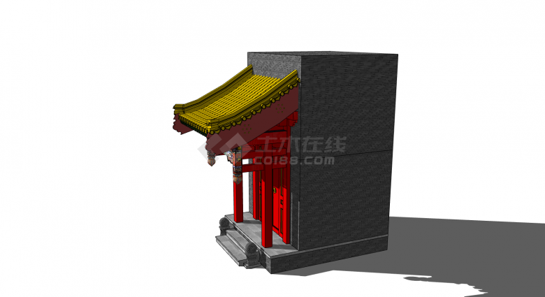 黄色琉璃瓦红色大门垂花门中式古建筑SU模型-图二