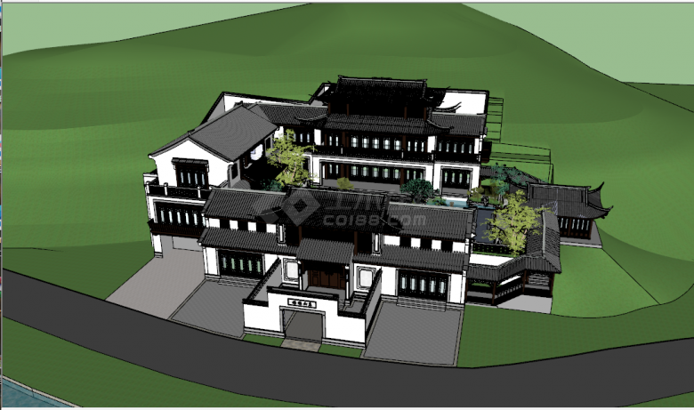 中式桃花源独栋别墅四合院su模型-图一