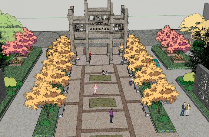 中式大型公园绿化建筑广场景观su模型_图1