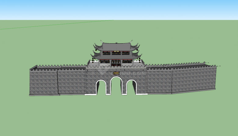 中式城墙建筑全景su模型-图二