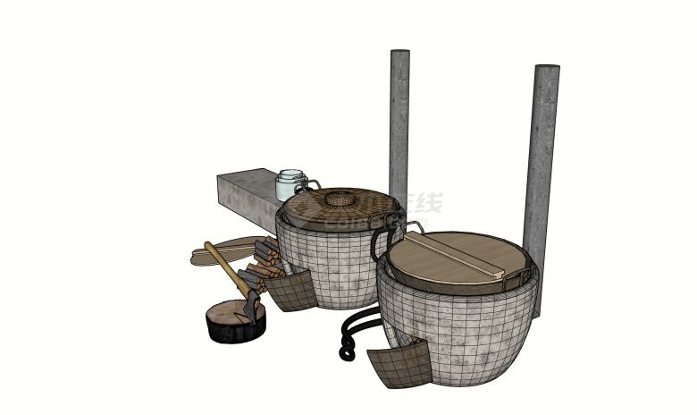 水缸型铁烟囱大锅中式灶台SU模型-图一