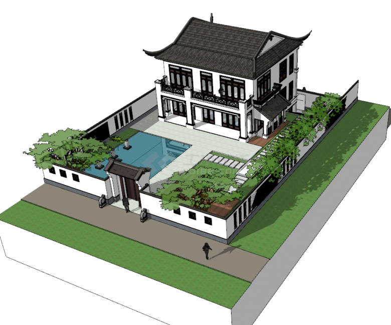 新中式二层别墅院落su模型-图二