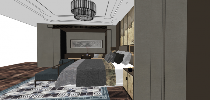 中式灰色系带家具卧室su模型_图1