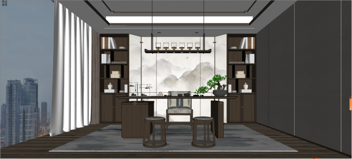 新中式设计感十足的书房su模型_图1