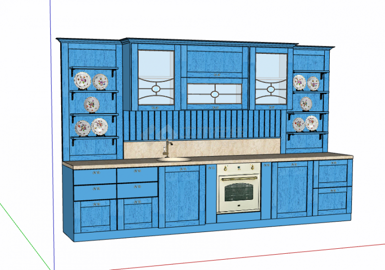 蓝色柜子简约厨房su模型 -图一