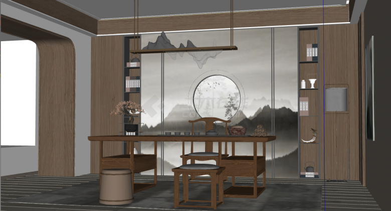 有一个大壁画的新中式书房su模型-图二