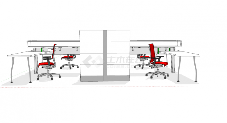 小型白桌红椅办公桌su模型-图一