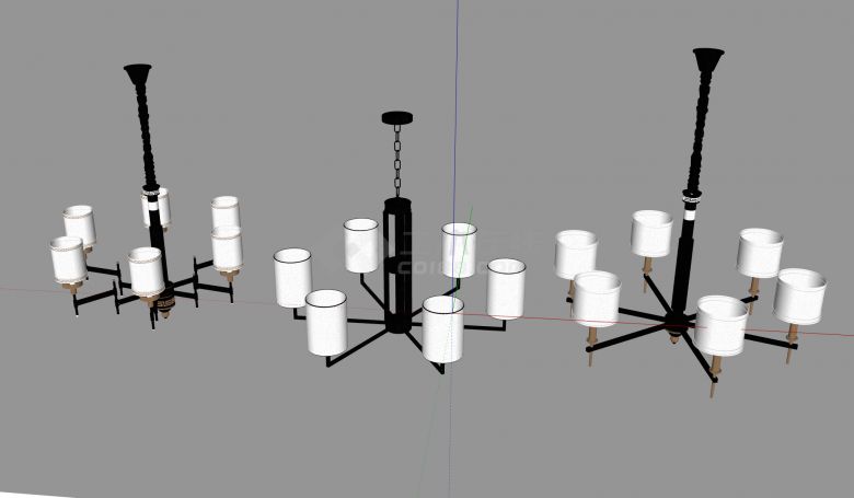 黑色灯杆白色高灯罩中式吊灯组合su模型-图二