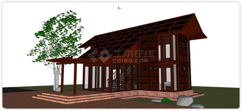 红色实木结构别墅su模型-图二