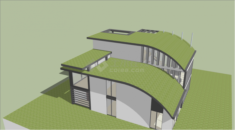 现代弧形绿色房顶别墅su模型-图一